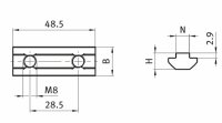 Doppelnutenstein 17x9,6mm, Nut 8, Führungssteg, 2xM8, a=28,5mm, l=48,5mm, Stahl verzinkt und chromatiert