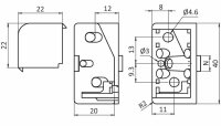 Set Rahmen-Eckverbinder 40x20 Nut 8 Zindruckguss, alufarbig lackiert, Abdeckkappe PA6 Grau, inkl. 4x 340ME466 M4x20 I-Typ Nut 8