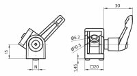 Gelenk 20, mit Nutfixierungen Nut 5/6, Aluminiumdruckguss, mit Klemmhebel, alufarbig lackiert