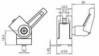 Gelenk, 20 I-B, mit Nutfixierungen Nut 5,  mit Kunststoff-Klemmhebel,  Aluminiumdruckguss, alufarbig lackiert